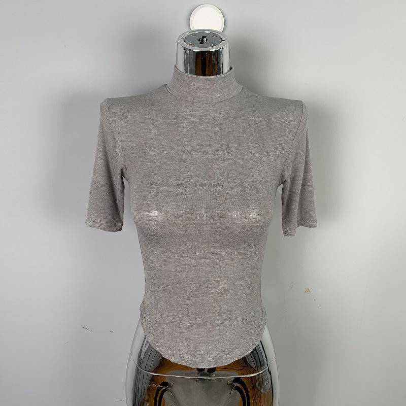 Korean Dongdaemun Sheer High Neck Slim Fit T-Shirt with Five-Point Sleeves