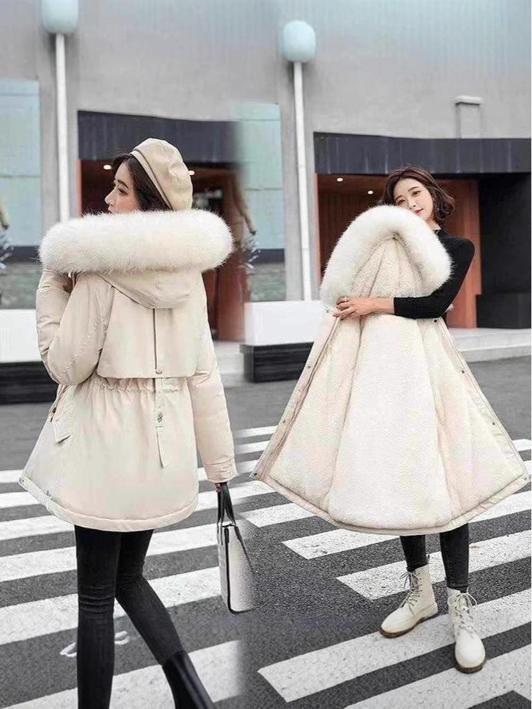 2025 Winter Women's Mid-Length Fur Collar Cotton Coat with Velvet Padding