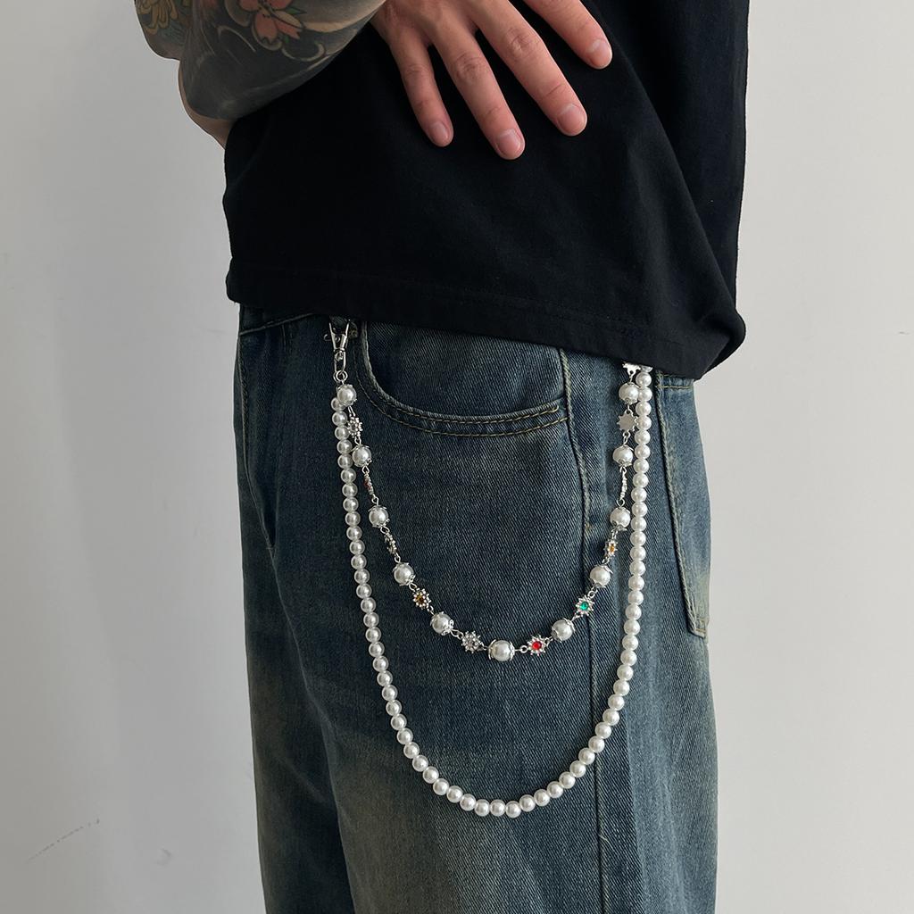 Design Imitation Pearl Flower Chain Trouser Chain, Hip-Hop Color Diamond-Encrusted Cross Waist Chain Pendant