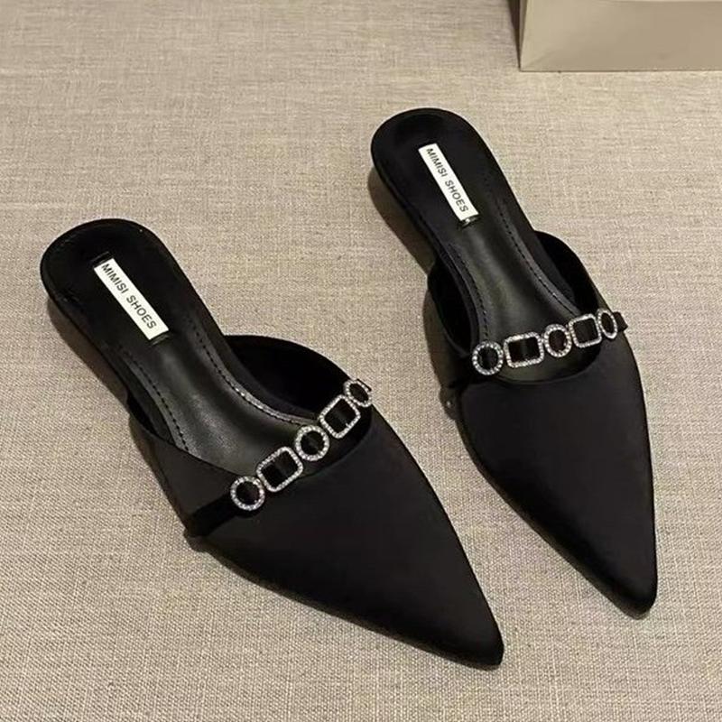 

Модные женские шлепанцы с острым носком и кристаллами, весенние элегантные туфли на каблуке, с ремешком сзади, удобные женские сандалии, тренд 2025, женские тапочки 43 чёрный