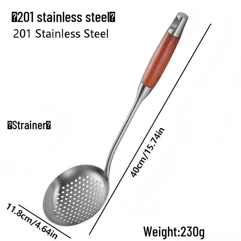 304 Stainless Steel & Wooden Handle Cookware Set: Spatula, Soup Ladle, Wok Spatula, Slotted Spoon, Iron Spatula for Stir-Fry & Frying Pan