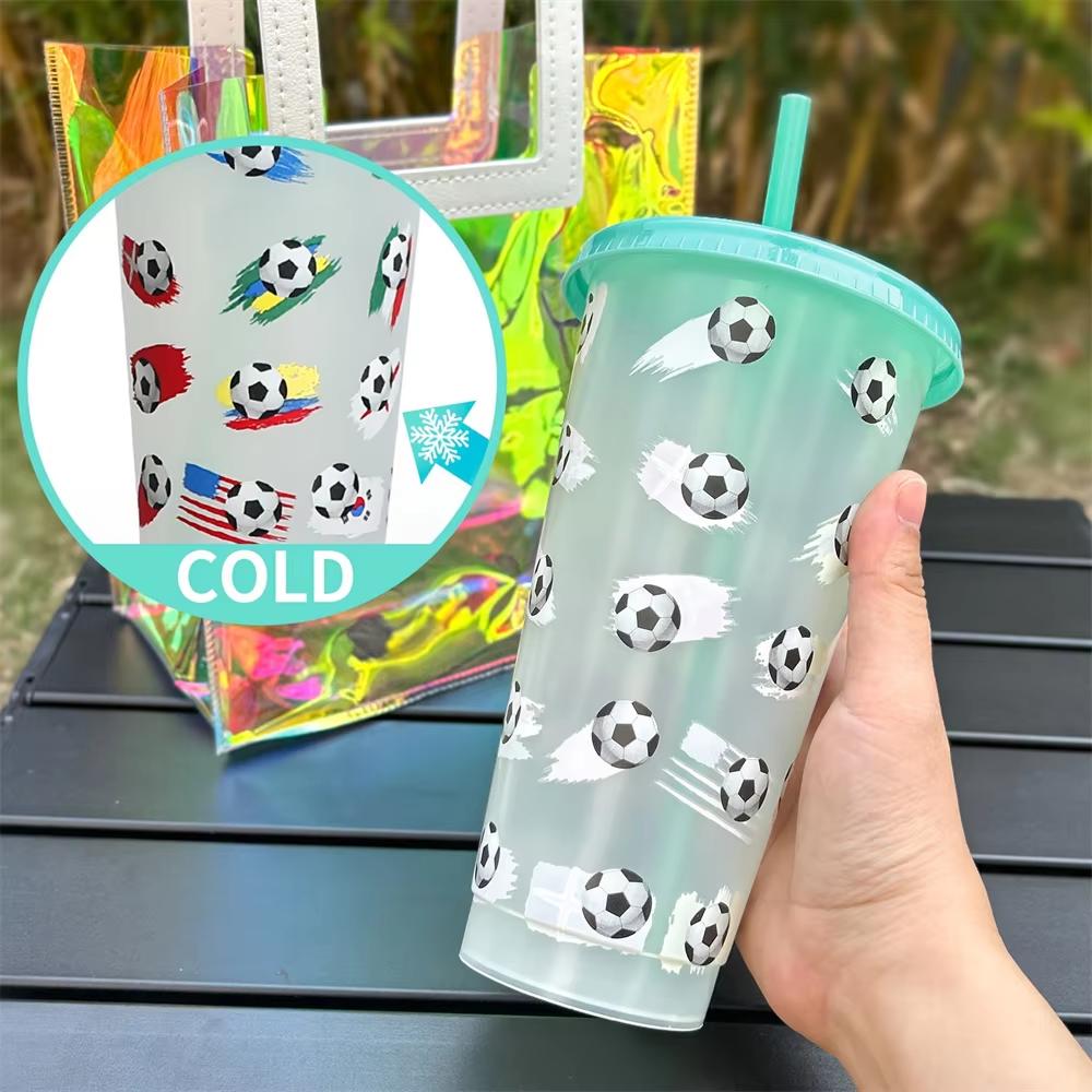 Soccer Cup Temperature-sensitive Cold Color-changing Straw Cup Single Layer Color-changing Cup Summer Drinkware 5PCS 710ml