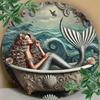 MermaidOceanPro 1PC Waterproof Metal Round Wall Art Nautical Coastal Ocean Home Decor