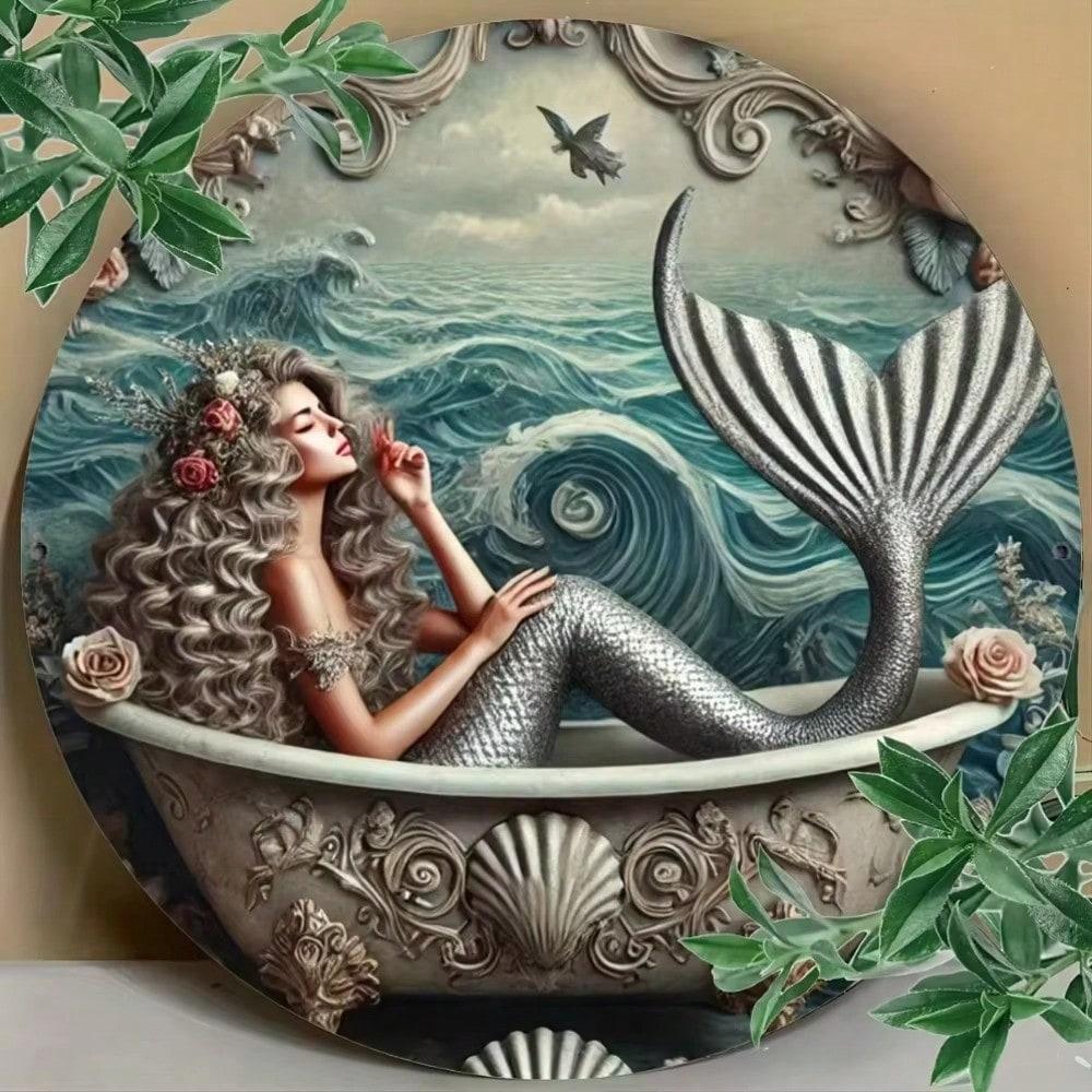 MermaidOceanPro 1PC Waterproof Metal Round Wall Art Nautical Coastal Ocean Home Decor