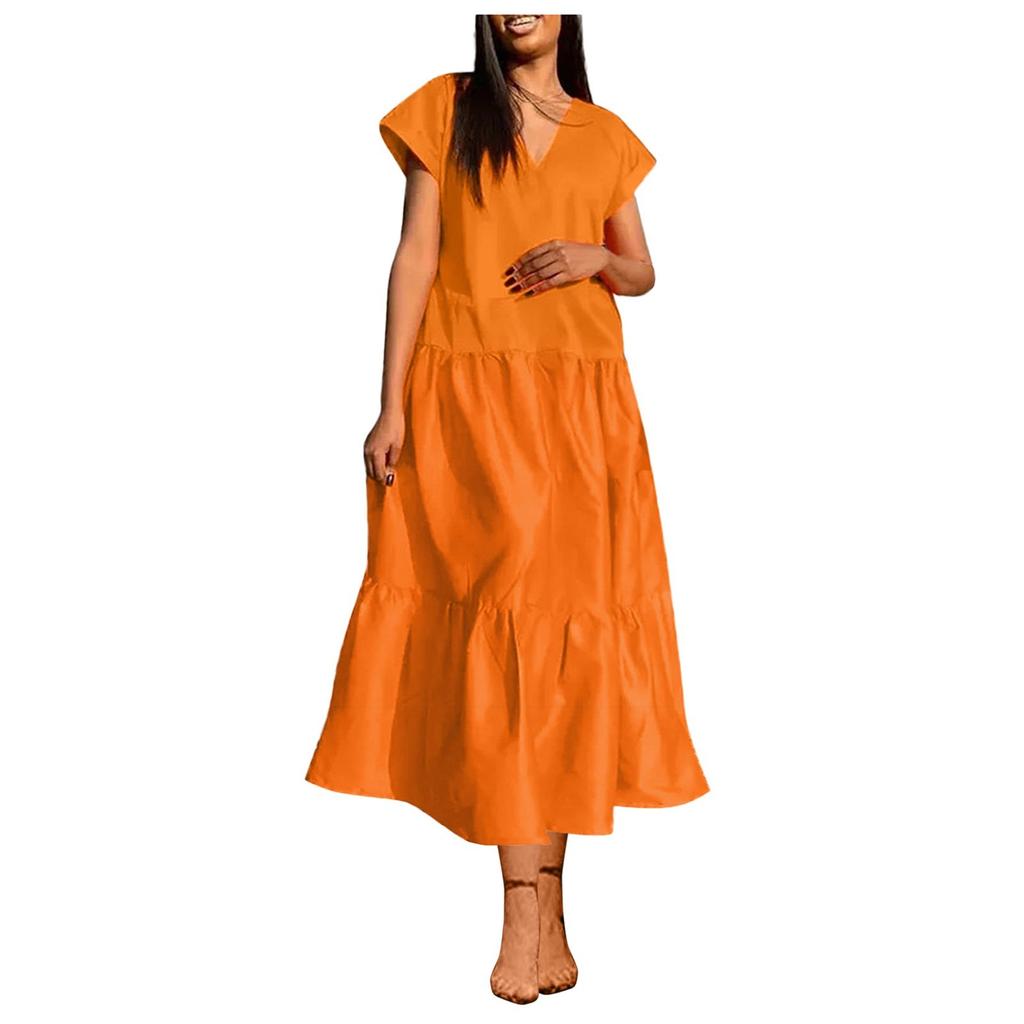 Women's Summer Fashion V-neck Sexy Long Skirt Solid Color Casual Short Sleeved Large Swing Dress