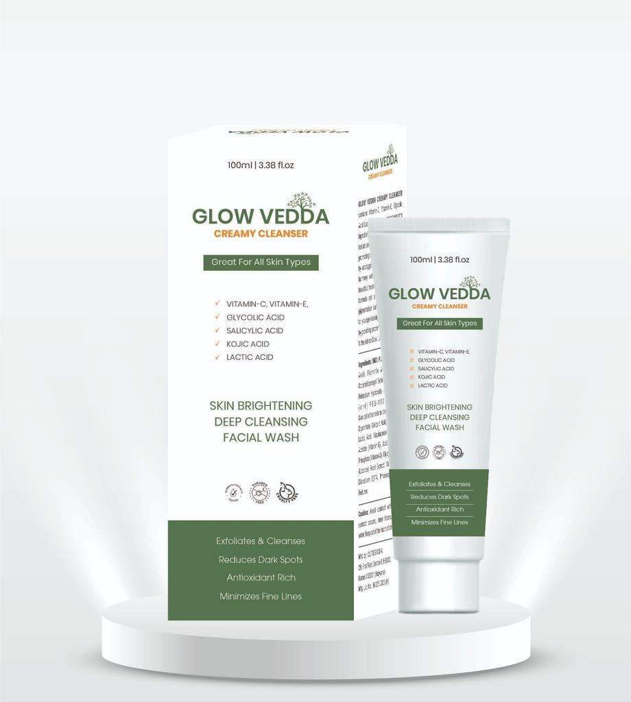 GLOW VEDDA Creamy Cleanser for Skin Brightening & Deep Cleansing | Vitamin C, E, Glycolic, Salicylic & Kojic Acid Facial Wash | 100 ml