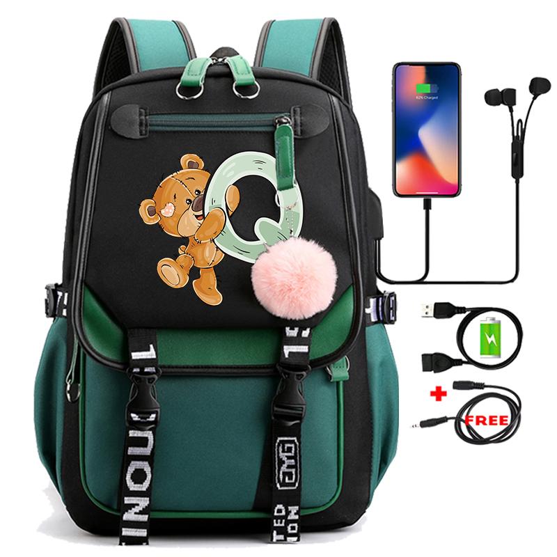 Lovely Little Bear 26 English Letters Student School Bag Backpack Outdoor Teenage Girl Cartoon Bookbag Laptop Travel Rucksack