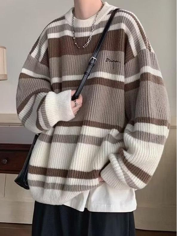 Men's Retro Japanese Striped Knitted Sweater Jacket - Autumn/Winter, Thick & Trendy