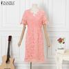 ZANZEA Women Casual Lace Crochet Patchwork Short Sleeve Sheath Dress