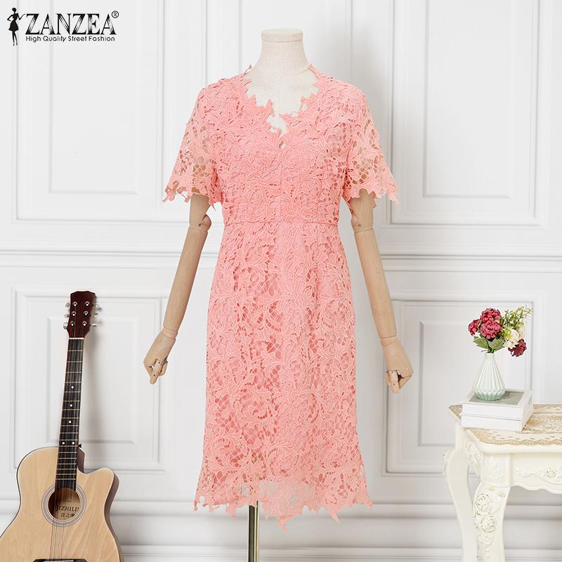 ZANZEA Women Casual Lace Crochet Patchwork Short Sleeve Sheath Dress