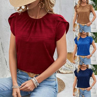 Ladies Summer Irregular Short Sleeve O Neck Solid Color Casual Pullover Blouse Shirt Top