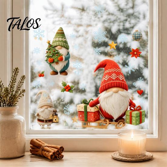 Indoor Window Art Christmas Gnome Cling, Waterproof Snowflake Glass Decal, PVC Decals Faceless Dwarf Static Sticker for Holiday Decoration Winter Home
