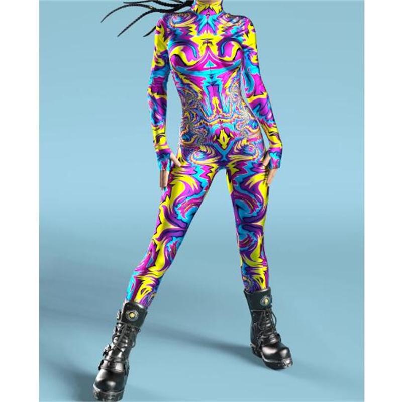 New Halloween Party Abstract Geometry 3D Print Women Sexy Skinny Jumpsuit Carnival Cosplay Costumes Fancy Bodysuit 2024