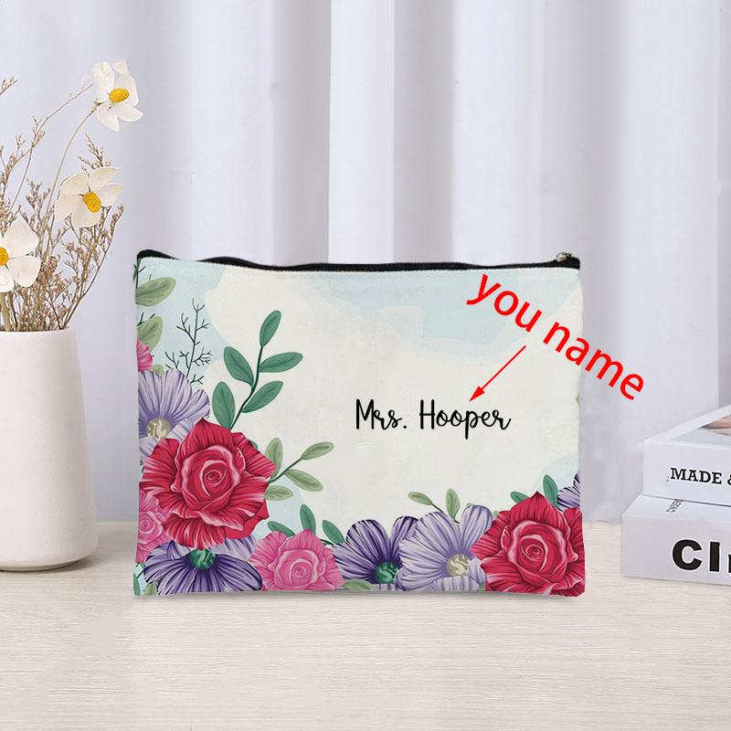 

Retro Flower Custom Name Cosmetic Bag Travel Storage Zip Pouch Office Supplies Pen Case Wallet Gifts Wedding Bridesmaid Birthday