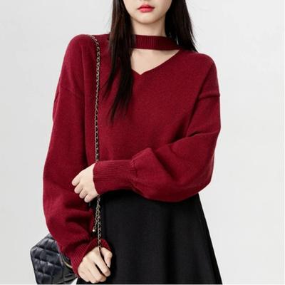 Black Halterneck V-neck Sweater Women's Autumn and Winter New Style Inner Layered Shirt Long-sleeved Knitted Outer Top