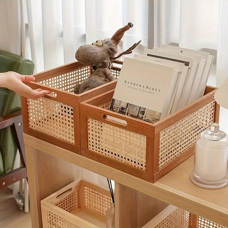 Style Rattan Wooden Storage Basket  Hand woven Rectangular Shelves for Home Storage, Toy Grocery Boxes for Kitchen, Bathroom, Living Room, Bedroom,