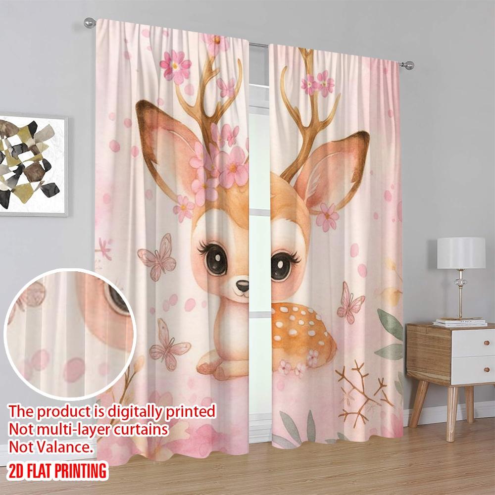 2pcs,2D Plane Printing Curtain Fabric FloralFawnWhimsy 100% Polyester (without Rod) Decorations For Home for Bedroom, Living