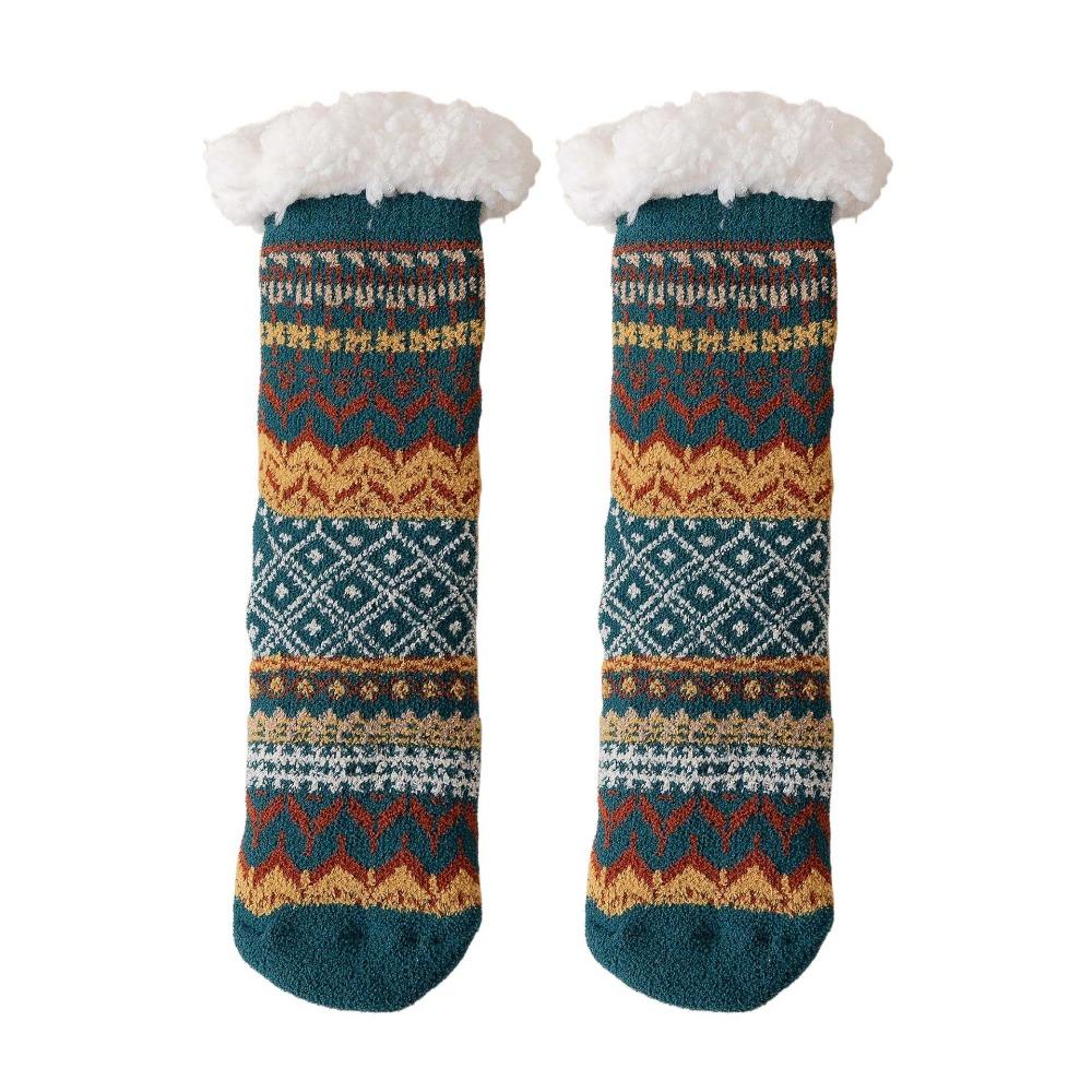 Anti Slip Thicken Velvet Socks Patchwork Winter Floor Socks Fleece Socks Women  Women Men зелёный