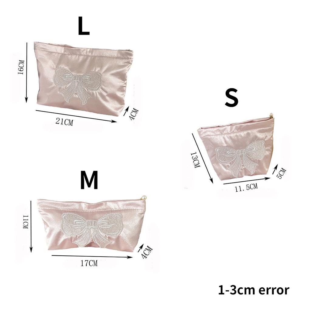 Pink Pearlescent Bow Women's Cosmetic Bags Embroidery Satin Girls Storage Bag Zipper Makeup Bag Toiletry Storage Pouch Handbags