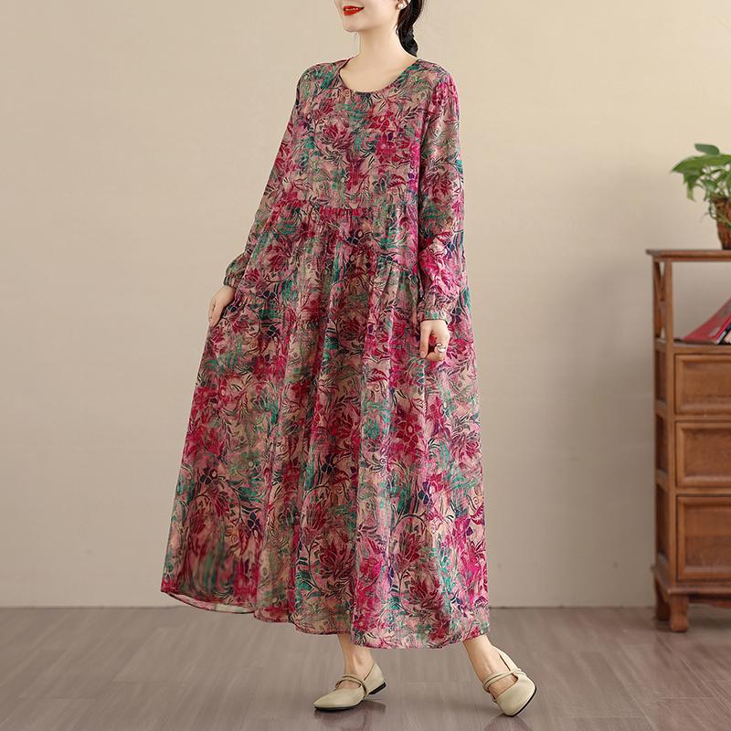 DIMANAF Nuovo 2025 Donna Taglie Forti Primavera Abito Lungo Morbido Base Vintage Oversize Manica Lunga Maxi Floreale