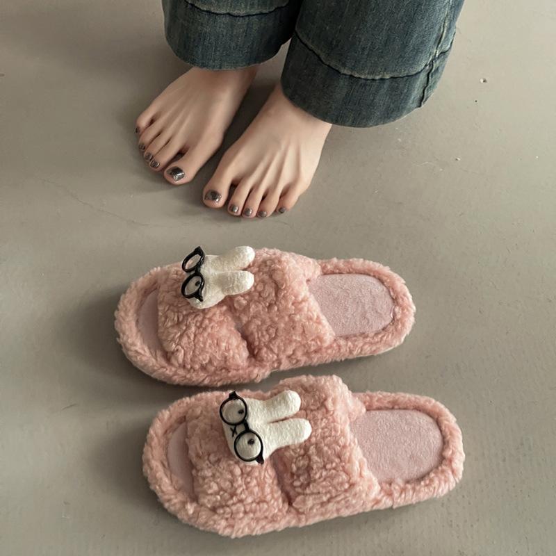 Cute cartoon eyes rabbit thick sole one-word fluffy shoes season fashionable retro casual solid color girls cotton slippers
