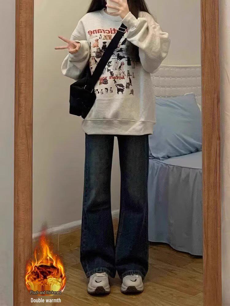 

Корейские джинсы прямого кроя с высокой посадкой на флисовой подкладке для женщин - Теплые, свободные, ленивый стиль, приталенный крой для осени/зимы Extra Large