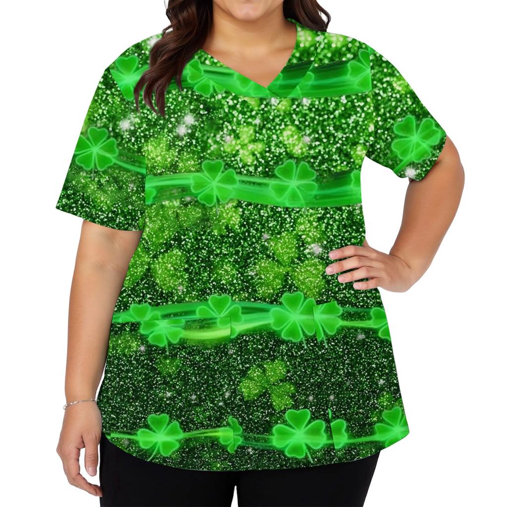 Women's Fashion V-neck Short Sleeve Workwear With Pockets Printed Tops