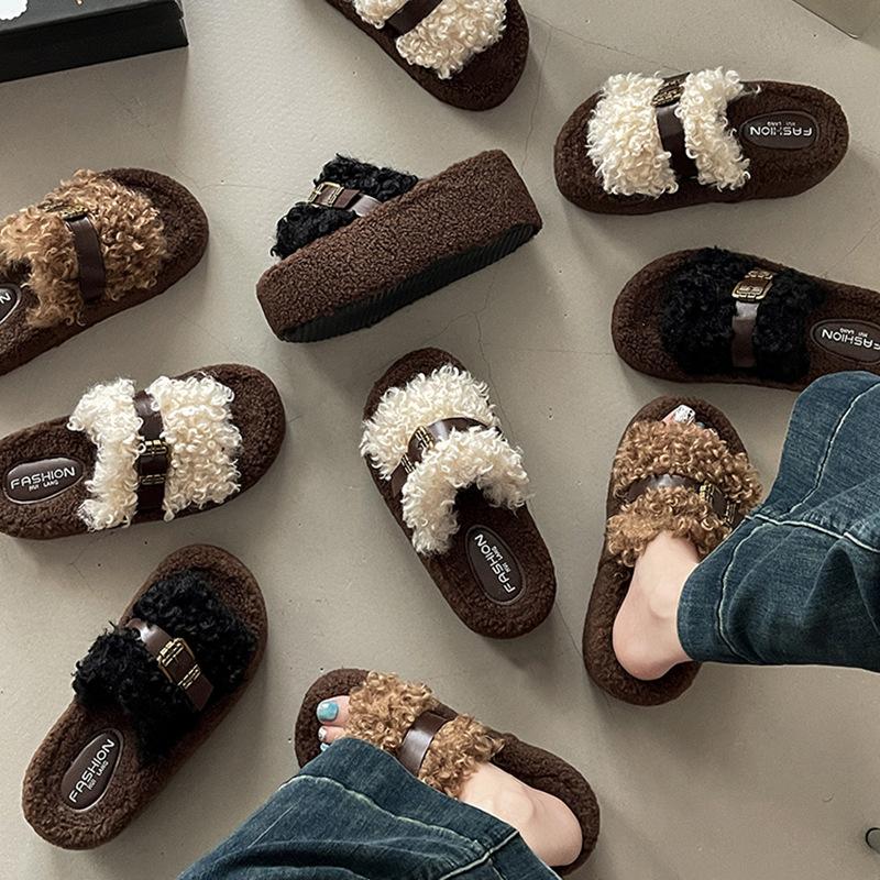 Piaohong retro style thick bottom heightening exquisite belt buckle Mao Mao slippers women's 2025 autumn and winter new one-word cotton slippers