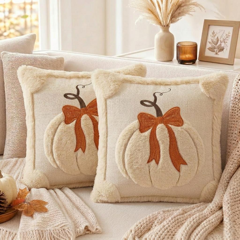 Embroidered Pumpkin Throw Pillow Cover Soft Textured Sofa Cushion Case Decorative Accent for Living Room Autumn Home Decor 18x18 Inches