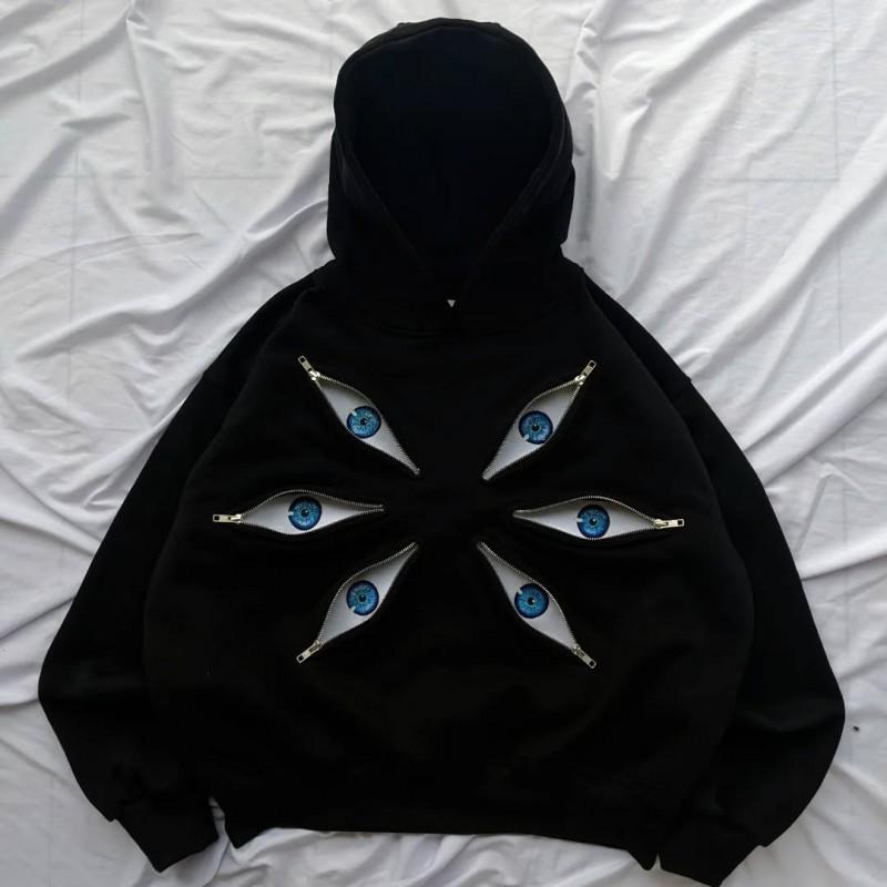 Unisex Dark Gothic Hoodie With Eye Print Patchwork Design Zipper Front Oversized Fit Streetwear