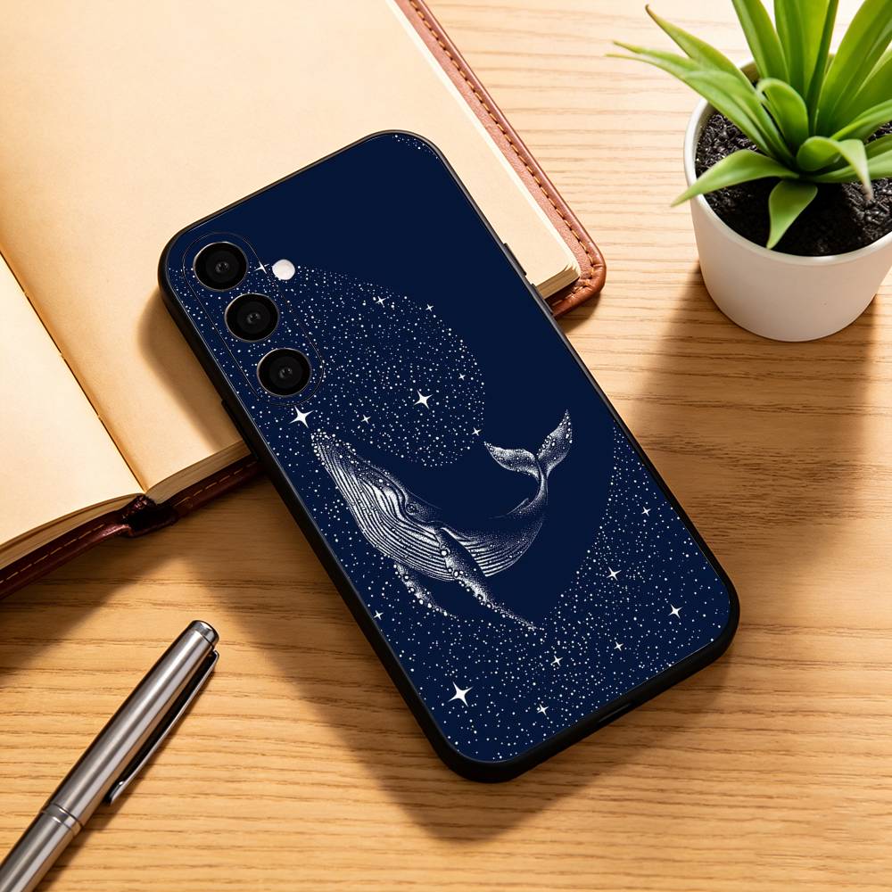 Line W-Whale Phone Case For Samsung Galaxy A73,A72,A71,A70,A53,A52,A51,Soft Silicone Black Cover