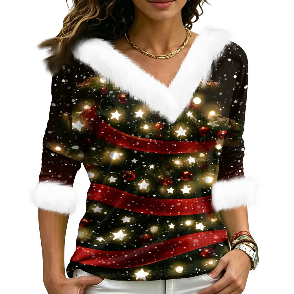 Weihnachts-V-Ausschnitt-Oberteil mit elegantem Schnitt für Party, Date und den Alltag