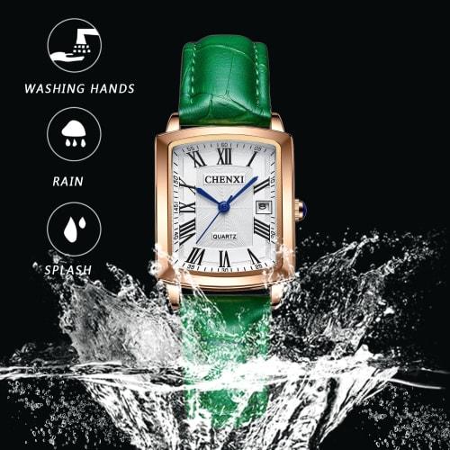 Women's Leather Strap Watch with Roman Alphabet, Analog Display, Calendar, 3ATM Water Resistance, Square Design, Popular Antique Style, Green, Busines