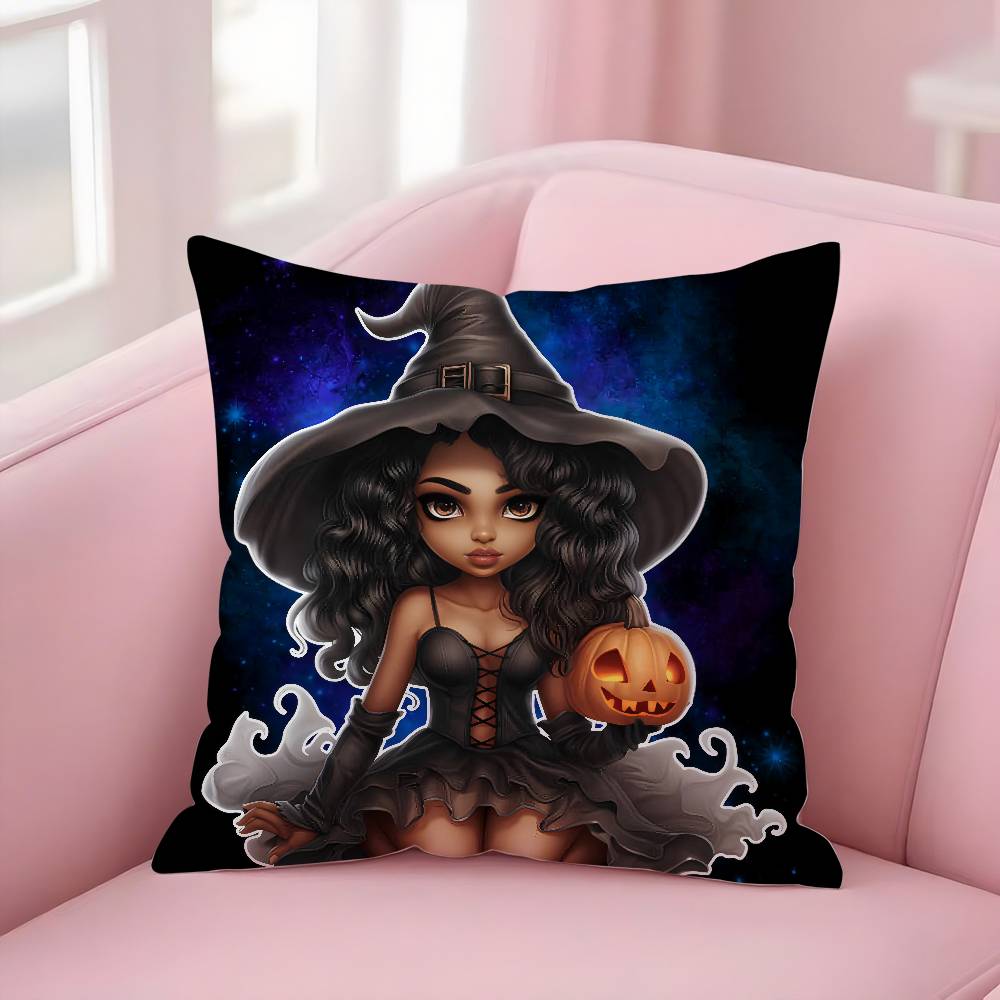 Cute Funny Witch Halloween Pillow Case Short plush Double-sided Print Square Throw Pillow Covers Sofa Home Cushion Decor