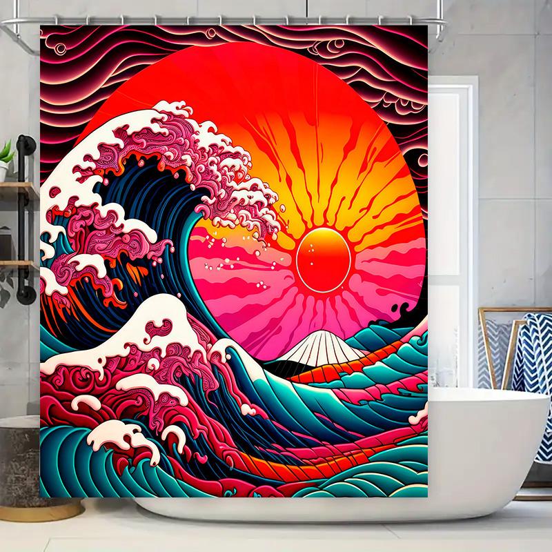 

Artistic Vintage-inspired Waves Shower Curtain for Bathroom Decoration Vibrant Red Sun Mountain Print, 72x78in (180X200cm) 90x180cm