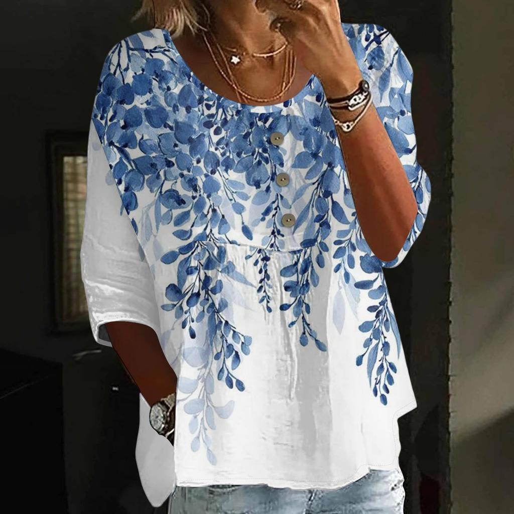 Dámská móda Ležérní tříčtvrteční rukáv Volný kulatý výstřih Knoflík Květinový potisk Top