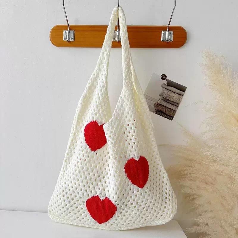 New Ebay Japanese and Korean Tote Bag Love Bag Knitted Bag Mesh Hollow Shoulder Bag Women's Tide