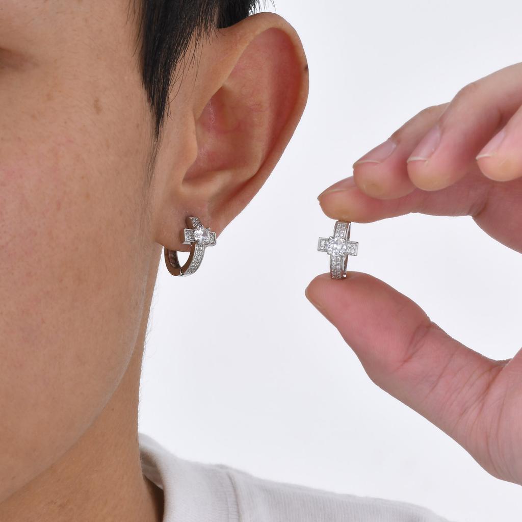 Cross Hoop Earrings for Men Boys,Hip Hop Big Zircon Huggies Earrings,Cool Rap Trendy Zircon Gifts