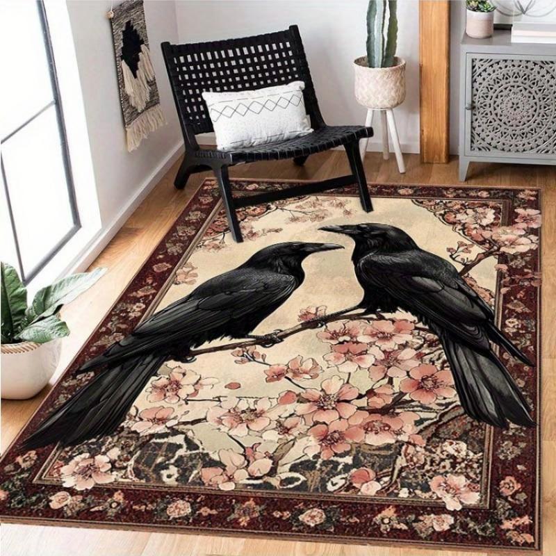Dark Academia Raven Themed Rug,Anti-Slip Mat with Vintage Cherry Blossom Design for Living Room Bedroom,Gothic Decorative Carpet