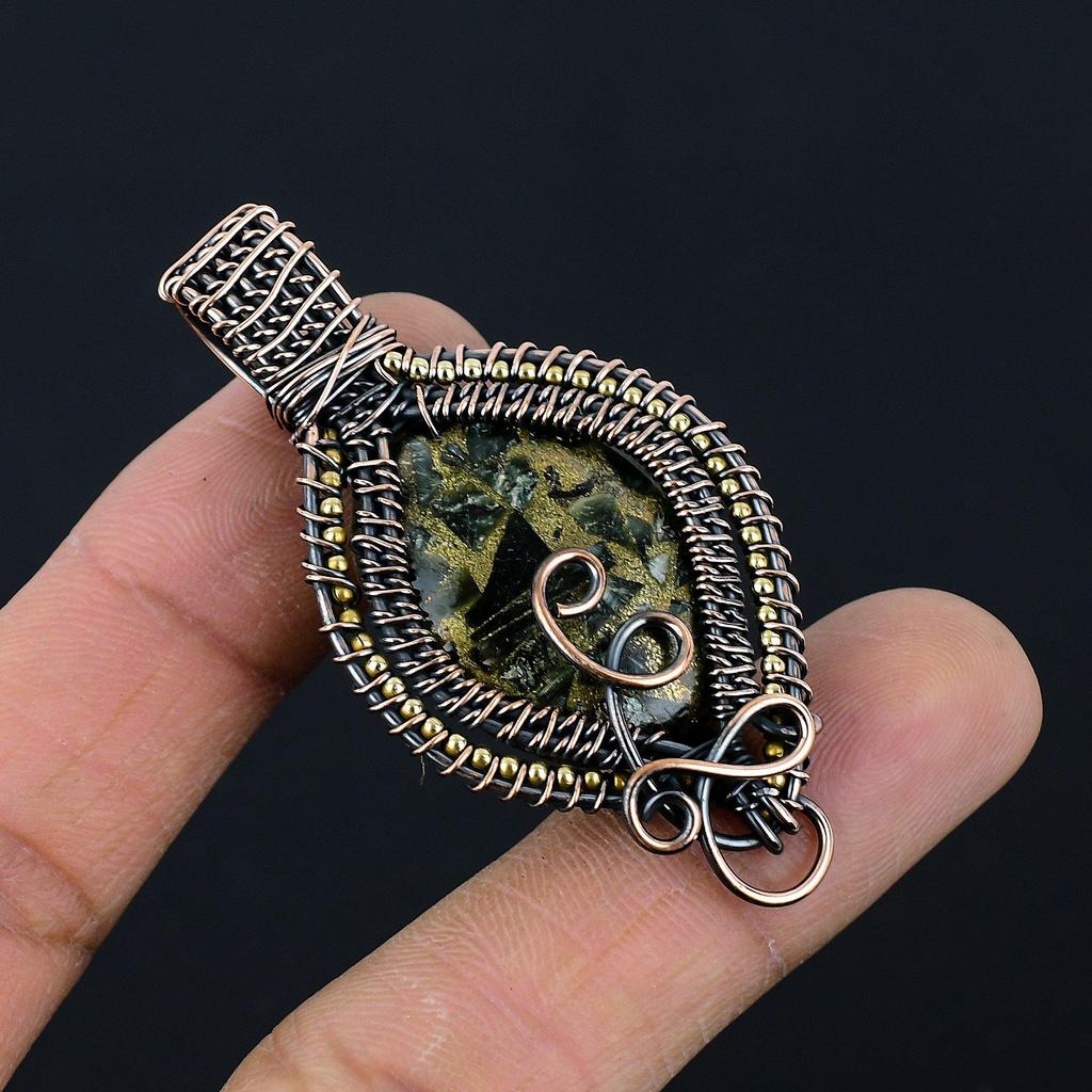 Copper Seraphinite Pendant, 999 Copper Wire Wrapped Gemstone Jewelry, Handmade Pendant, For Thanksgiving