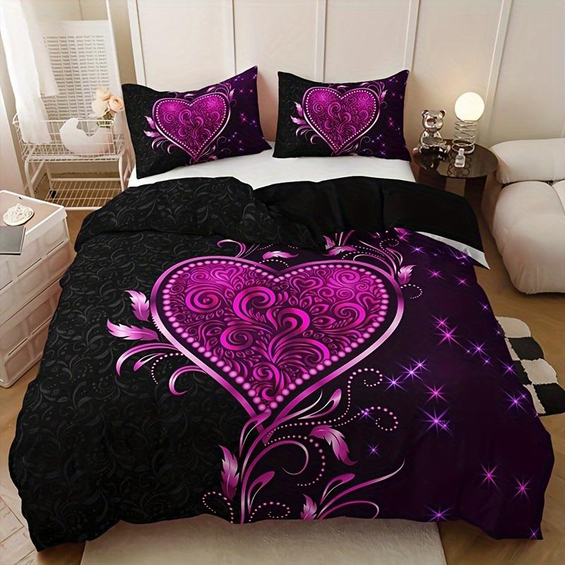 Lila Herz Rose Blumendruck Bettbezug-Set Enthält 1 Bettbezug und 2 Kissenbezüge Atmungsaktives Polyester für alle Jahreszeiten