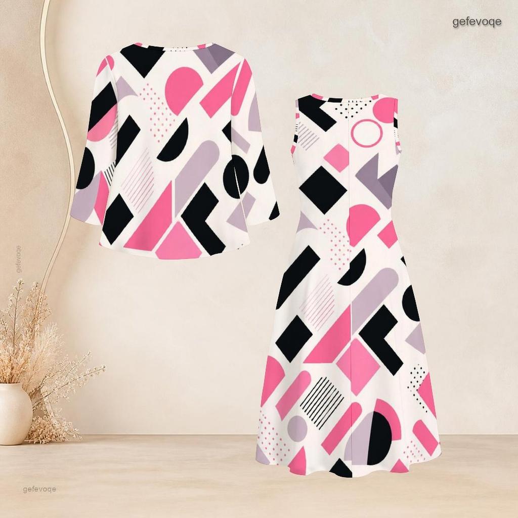 Women Plus Size Abstract Printed Two Piece Dress Set Three Quarter Sleeve Cardigan Sleeveless Long Dress