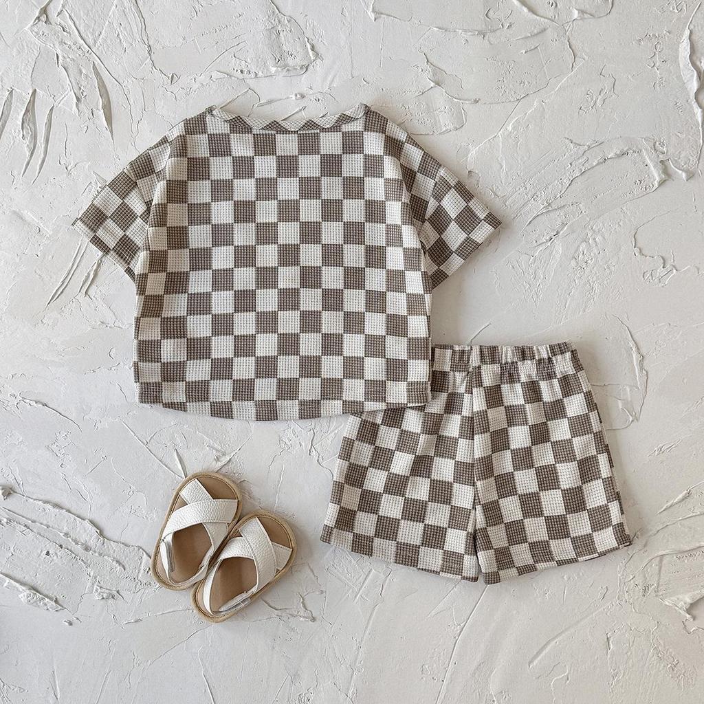 Summer 2026 Korean Style Plaid Two-Piece Set for Kids (0-3 Years) - Short Sleeve & Shorts
