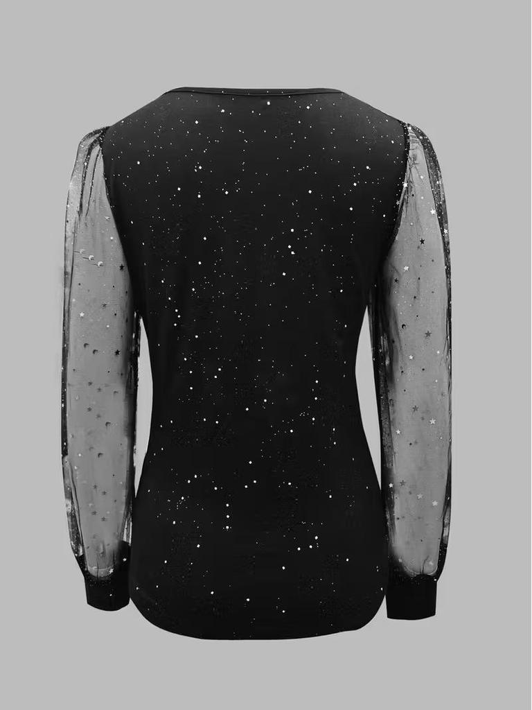 European Style V-Neck Long Sleeve Mesh T-Shirt