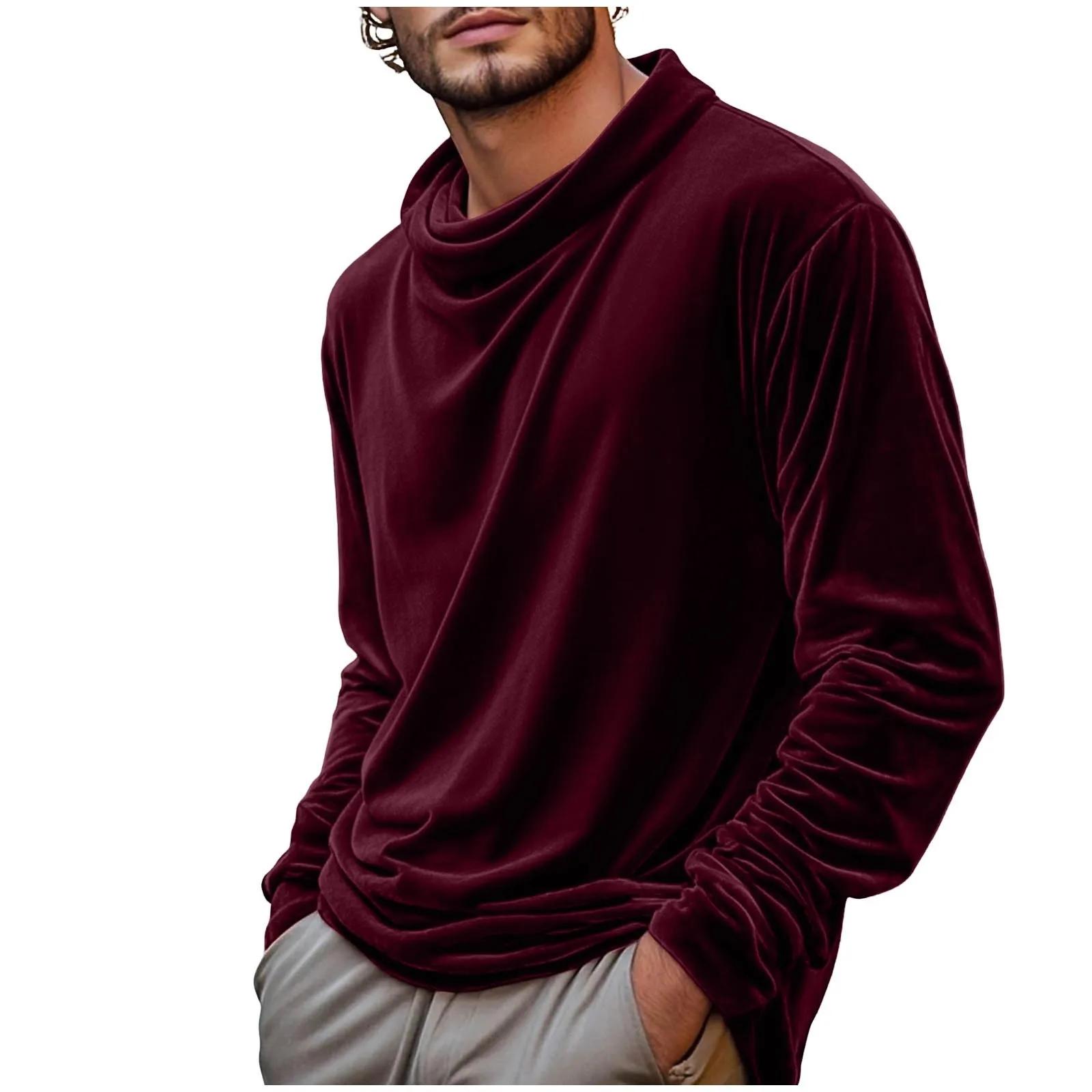 

Men s Velvet High Neck Warm Long Sleeve T-Shirt Vintage Breathable Fashion Pullover Sweatshirt Male Bottoming Tee Shirt XL темно-червоний колір