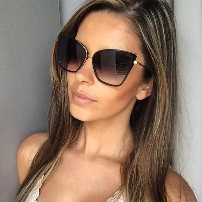 Metal Retro Oversized Sunglasses Women Sexy Cat Eye Luxury Sun Glasses Female Black Gradient Vintage Ladies