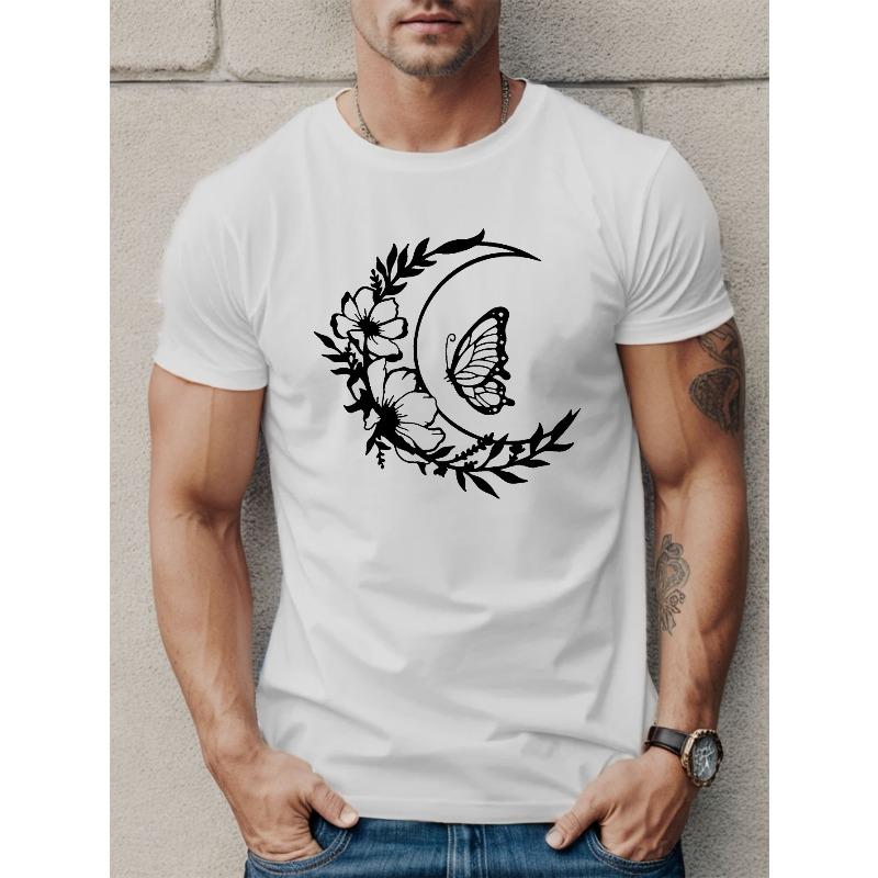 

Men s Short Sleeve T-Shirt with Lunar Butterfly & Chinese - Summer Casual Round Neck Top, Geometric Moon Print Blouse for (Machine Washable) S белый