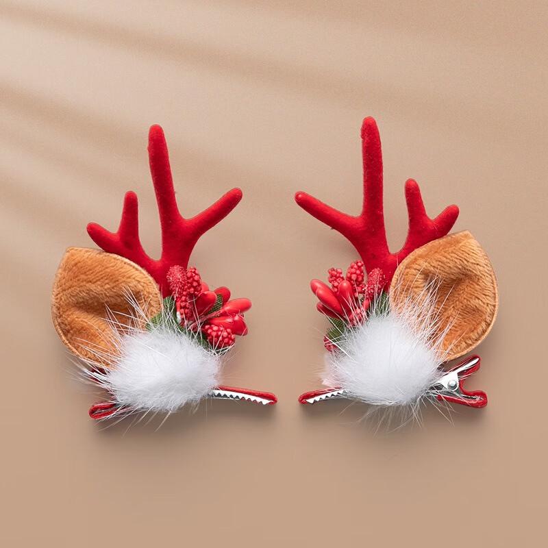 Fumaide Christmas Elk Hair Clips with Coral Pompoms (3-Pack)