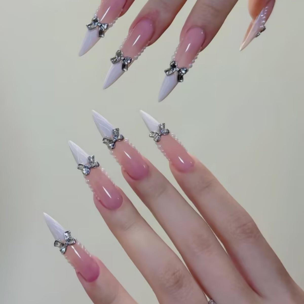 

French Plaid Sparkly Bow Nail Tips Set - 24 Removable Wearable Fake Nails