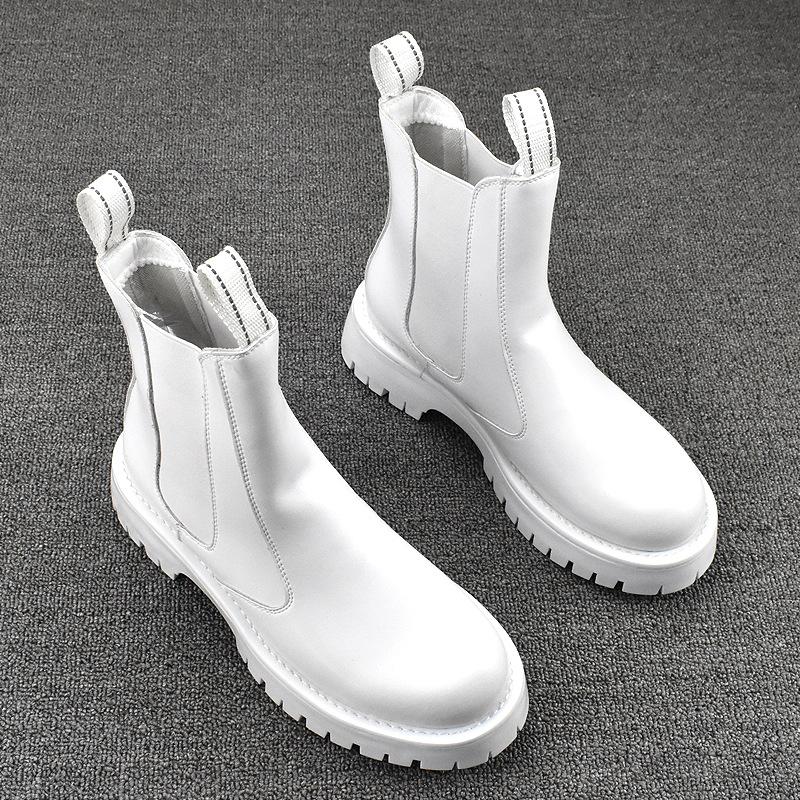 Korean Style Mens Chelsea Boots Black White Casual Shoes Stage Nightclub High Motorcycle Boot Original Leather Platform Botas